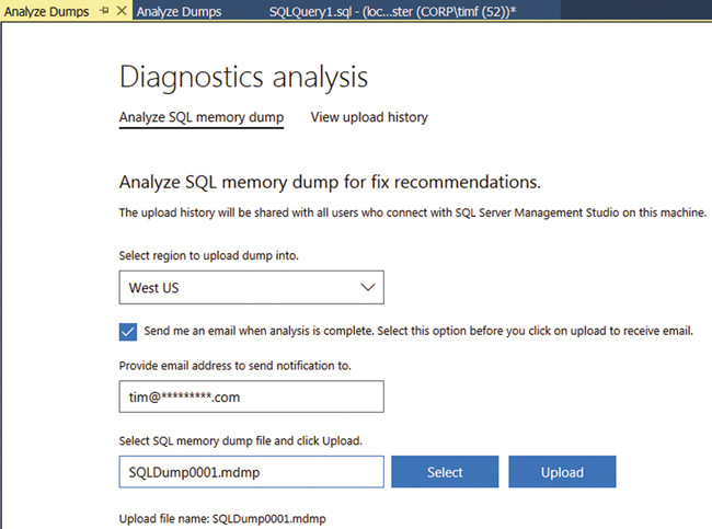 Selecting a dump file for diagnostics