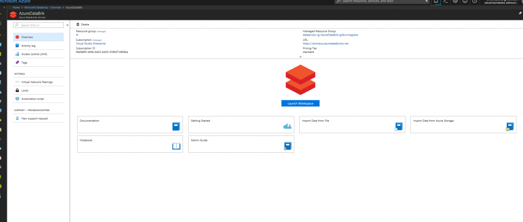 To access Azure Databricks, select Launch Workspace