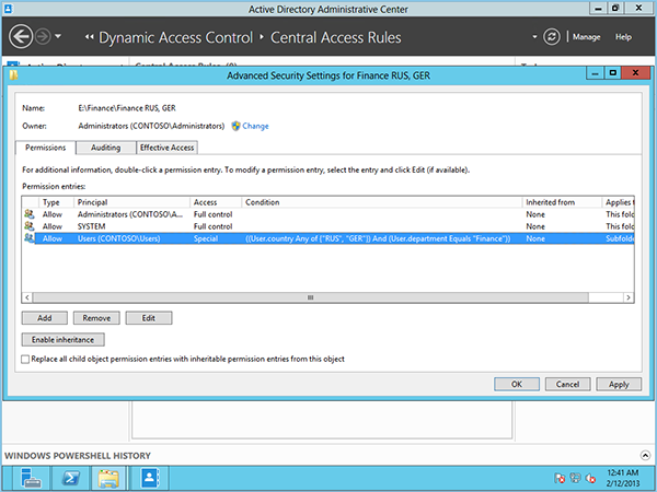 In such scenarios the field for dynamic access control activity appears