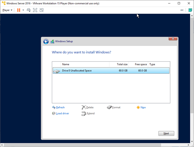 new partition on the specified disc