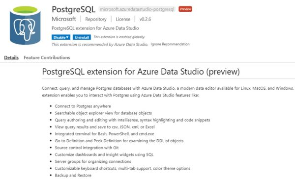azure data studio postgresql extension