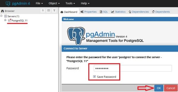 Run pgAdmin 4 and connect to PostgreSQL server 11